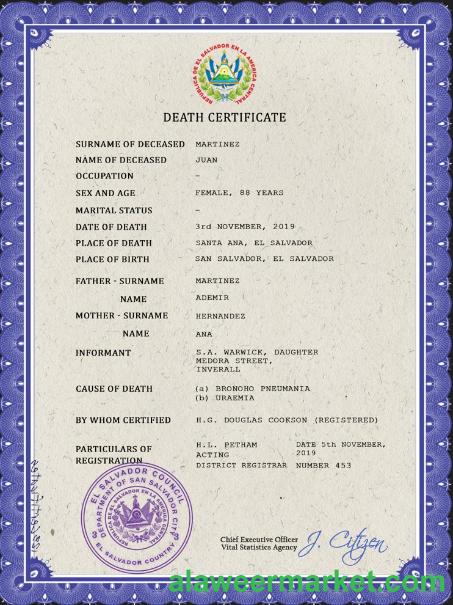 El Salvador vital record death certificate PSD template